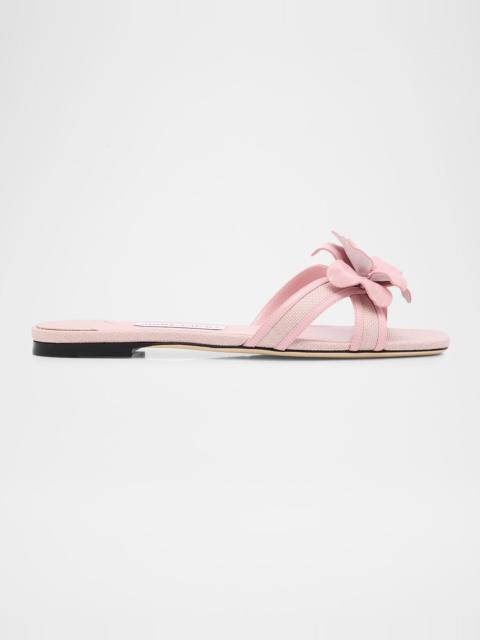 JIMMY CHOO Delani Flower Raffia and Leather Flat Slide Sandals