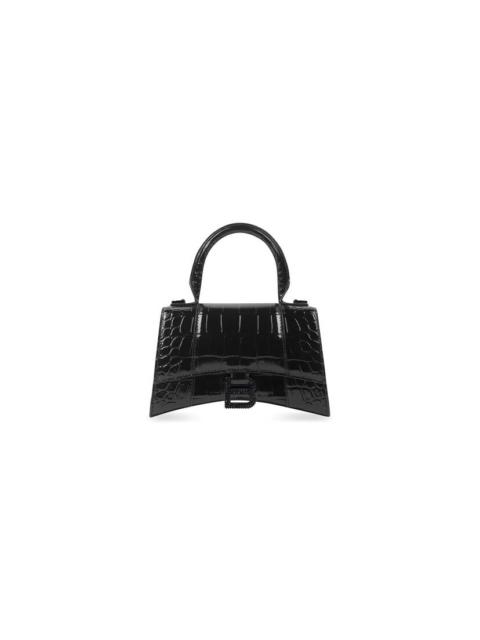 BALENCIAGA Women's Hourglass Xs Handbag Crocodile Embossed With Rhinestones  in Black