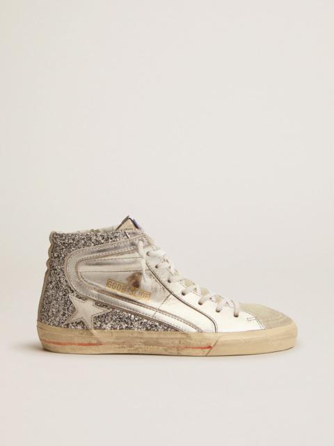 Slide sneakers with upper in laminated leather and silver glitter