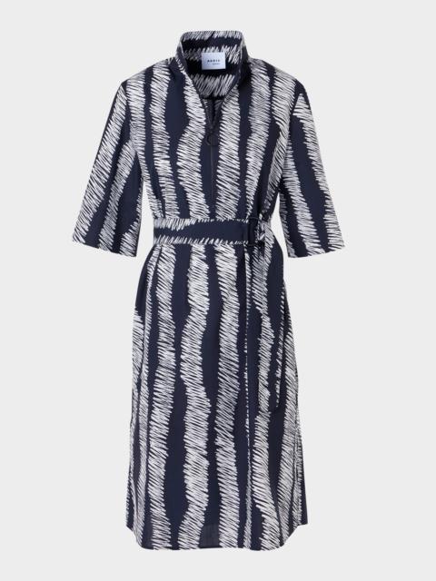 AKRIS Short-Sleeve Scribble Cotton Poplin Belted Shirtdress