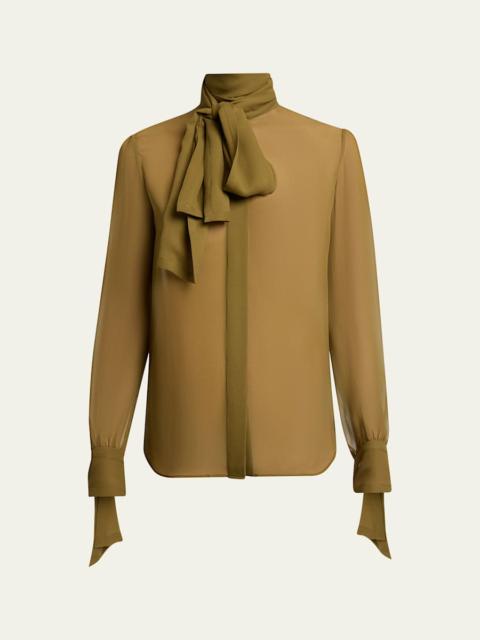 SAINT LAURENT Lavalliere Silk Long-Sleeve Blouse