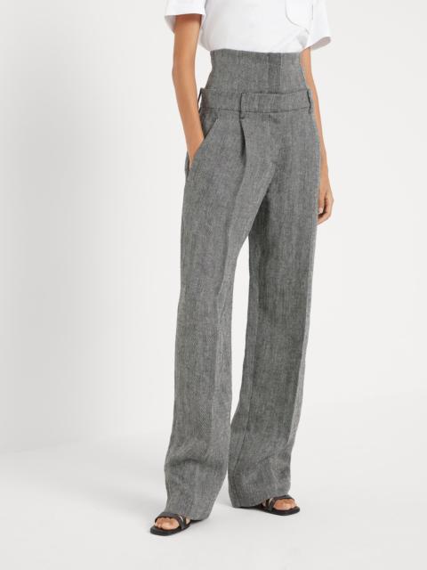 Brunello Cucinelli Irish linen chevron loose straight trousers with removable corset waistband and monili
