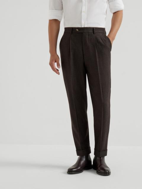Brunello Cucinelli Wool, cashmere and silk tone-on-tone Prince of Wales leisure fit trousers with pleat