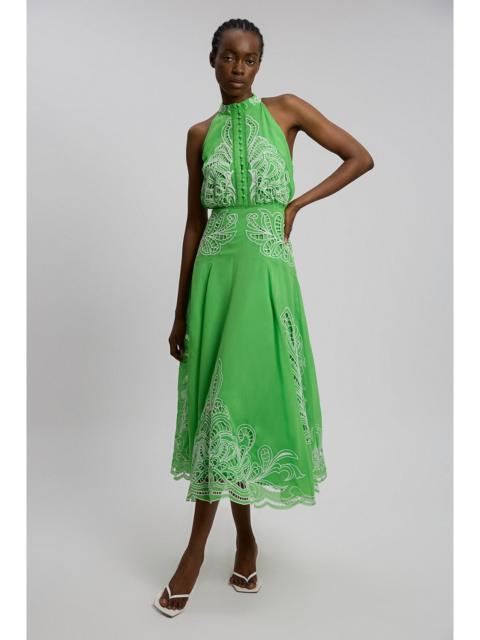 KAREN MILLEN Georgette Placed Cutwork Halter Woven Midi Dress