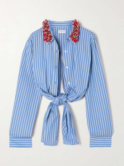 Knotted embellished striped cotton-poplin shirt