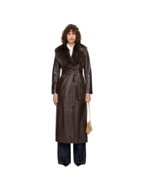 NOUR HAMMOUR Brown Dakota Glamorous Leather Coat