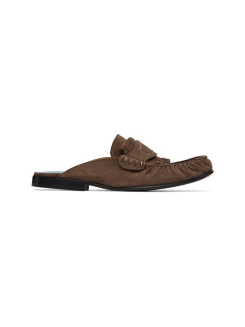 Marni Brown Suede Sabot Fringed Trim Slip-on Loafers