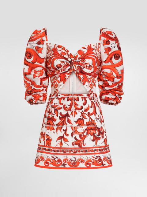 Dolce & Gabbana Short poplin dress in majolica-print poplin