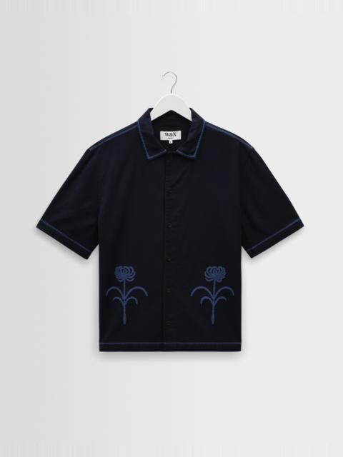 Wax London Keats - Navy And Blue Embroidered Short-Sleeve Shirt