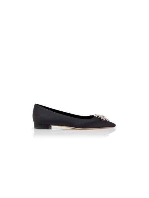 Manolo Blahnik Black Satin Crystal Embellished Flat Pumps