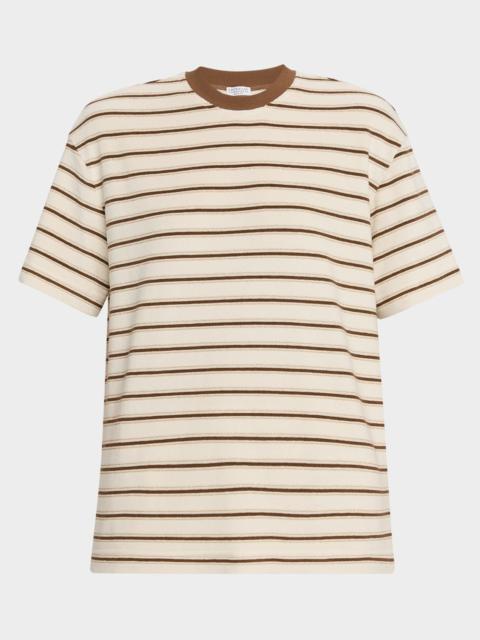 Brunello Cucinelli Metallic Striped Cotton-Silk Towelling Short-Sleeve T-Shirt