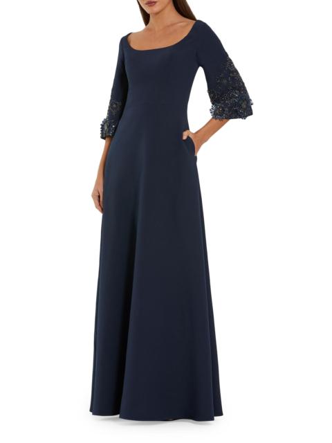 MAC DUGGAL Women's Evening Beaded-Sleeve Crepe Gown - Midnight
