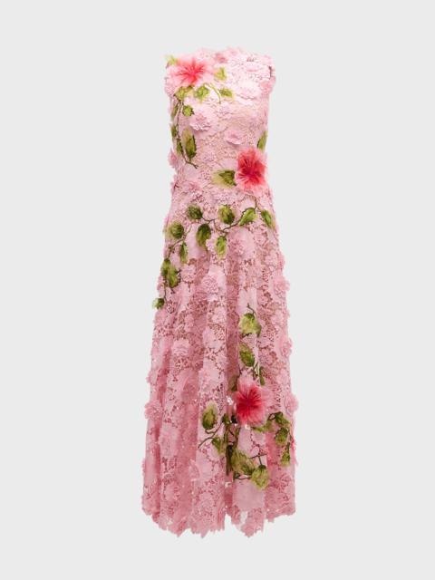 Hibiscus Embroidered Sleeveless Floral Guipure Lace Midi Dress