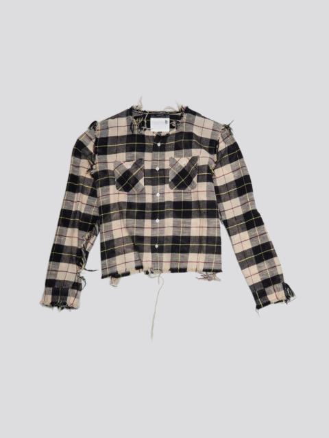 R13 SHREDDED CREWNECK SHIRT - BLEACHED BEIGE PLAID