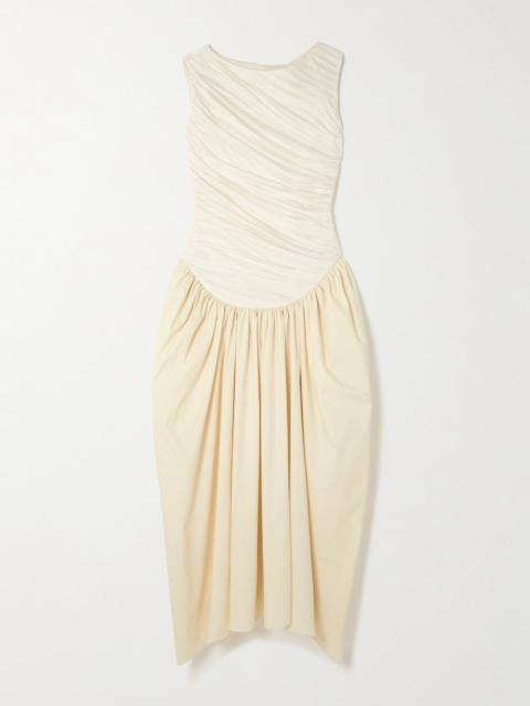 ABADIA Ora Gathered Tencel Lyocell And Cotton-blend Poplin And Jersey Midi Dress
