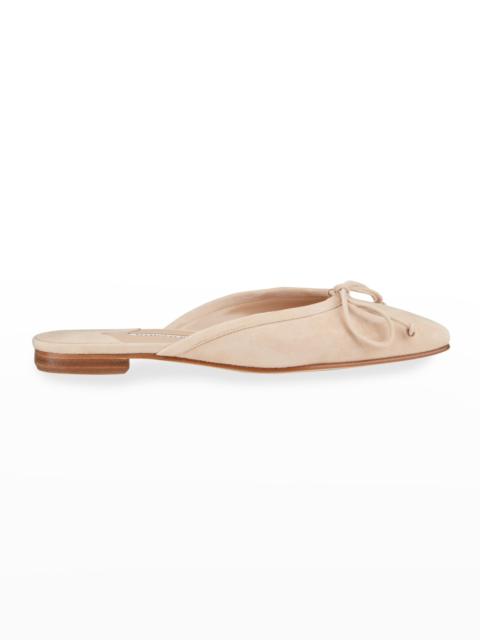 Manolo Blahnik Ballerimu Suede Bow Ballerina Flat Mules, Nude