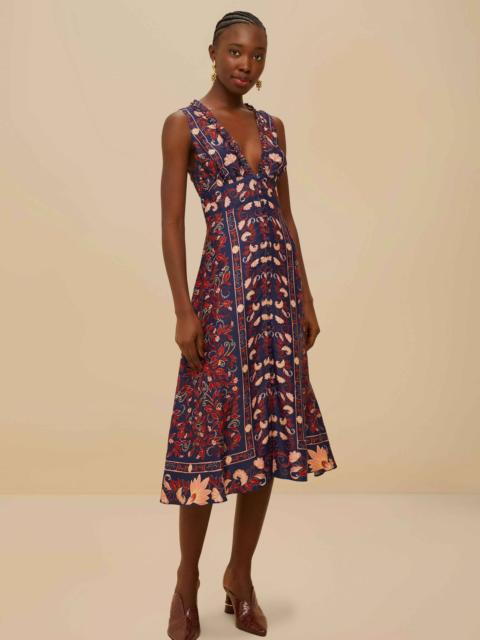 Boho Floral Scarf Navy Blue Midi Dress