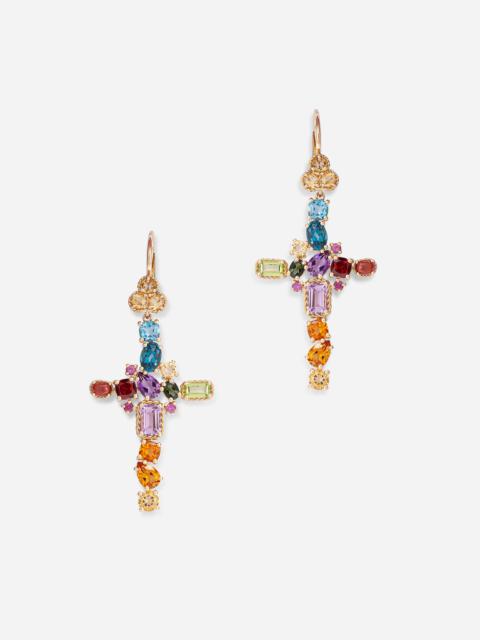 Rainbow alphabet earring in yellow gold with multicolor fine gems