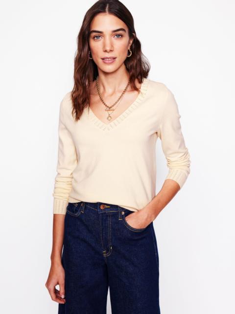 BODEN Emilia Cotton V Neck Sweater-Warm Ivory