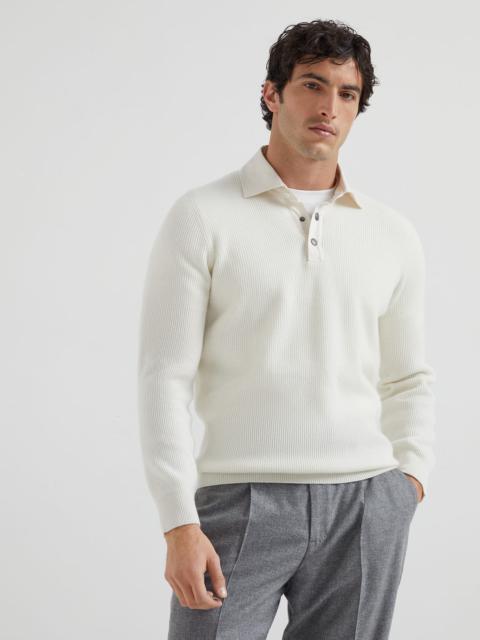 Brunello Cucinelli Cashmere English rib knit polo shirt with twill spread collar