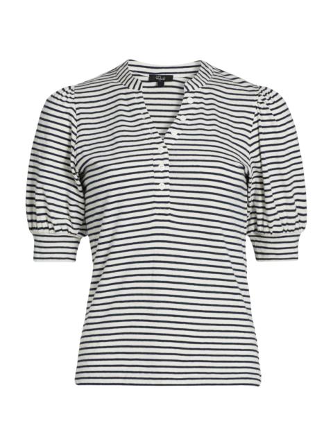 Rails Women's Jewel Striped Cotton Puff-Sleeve Henley - Ivory Navy Microstripe