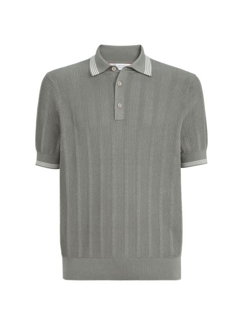 Brunello Cucinelli Men's Cotton Textured Rib Knit Polo Shirt - Khaki