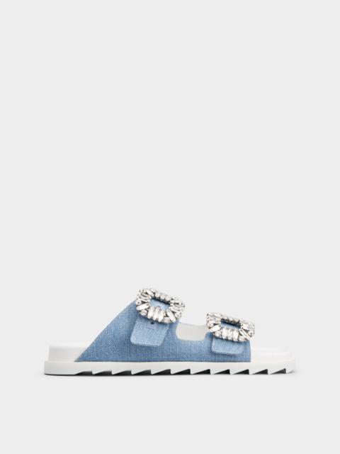 Roger Vivier Slidy Viv' Strass Buckle Mules in Denim