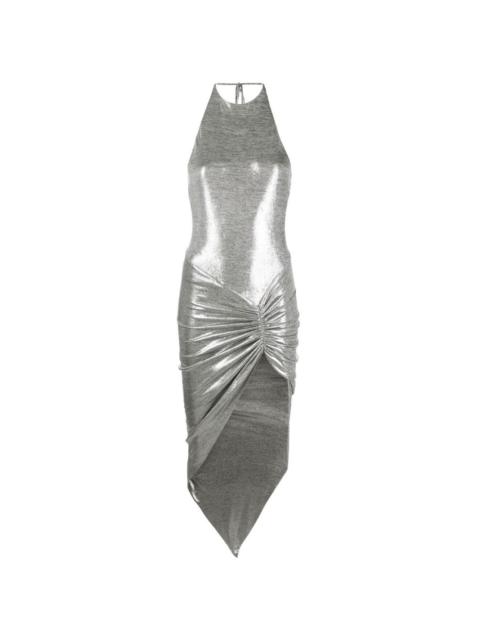metallic-effect asymmetric draped midi dress