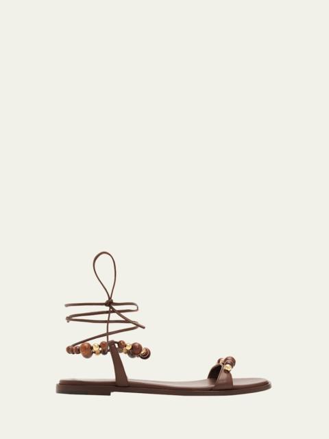 Gianvito Rossi Beaded Nappa Leather Flat Ankle-Tie Sandals