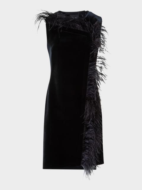 AKRIS Neoprene Velvet Feather-Trim Asymmetric Mini Dress