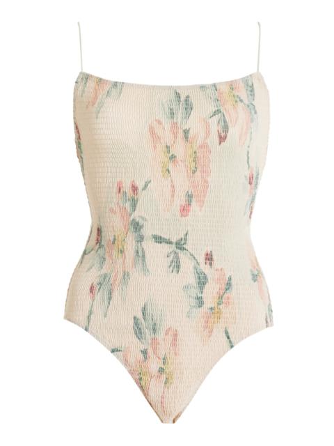 Totême Smocked Floral One-Piece Swimsuit ivory