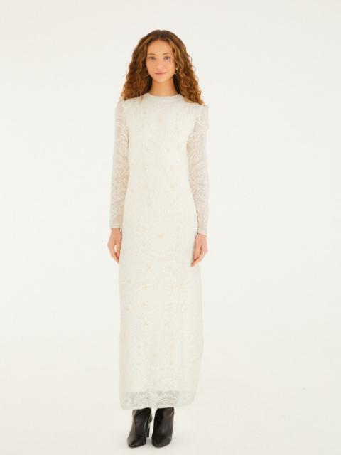 Off-White Embroidered Crew Neck Long Sleeve Maxi Dress