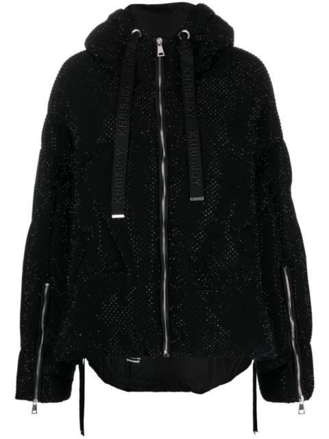 Iconic rhinestone-embellished hooded puffer jacket