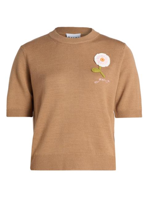 GANNI Women's Floral Crochet Wool-Cotton T-Shirt - Tobacco Brown