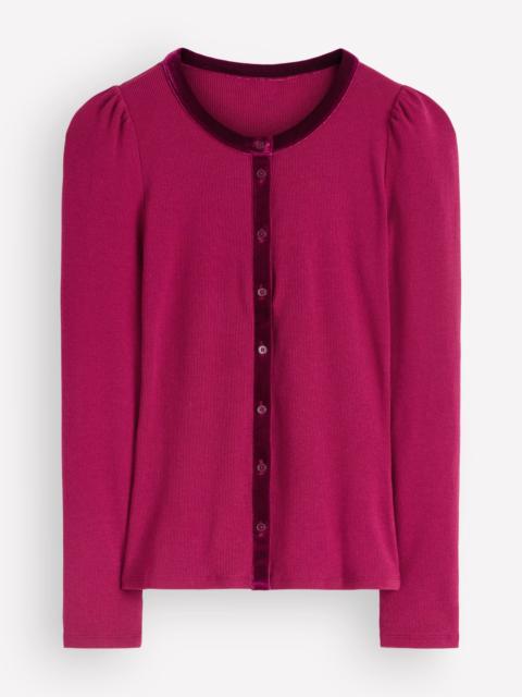 BODEN Velvet Trim Ribbed Cardigan-Beetroot Red