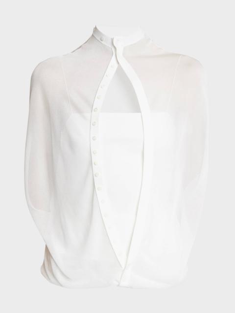 Capa Cutout Turtleneck Short-Sleeve Button-Front Sheer Knit Top