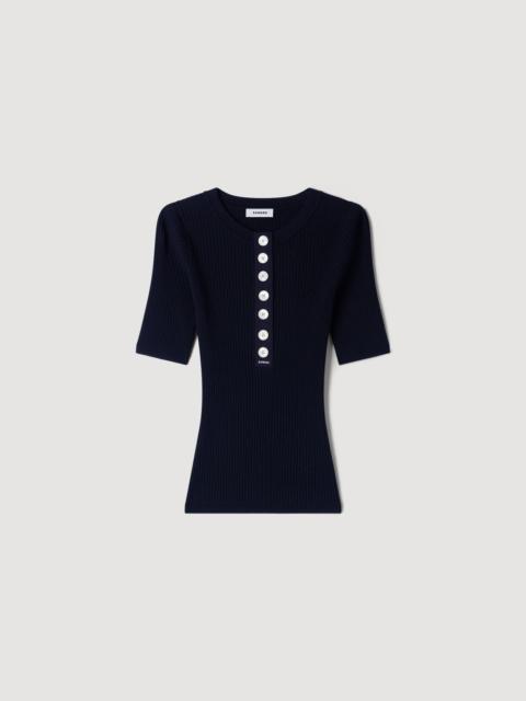 Sandro RIBBED BUTTON PLACKET KNIT TOP