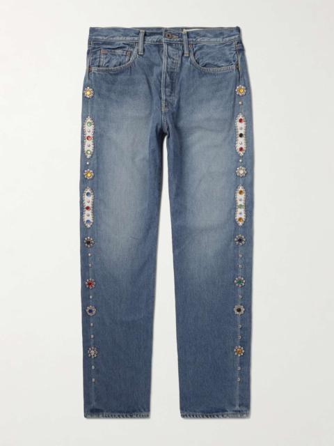 Kapital Monkey Cisco Straight-Leg Leather-Trimmed Embellished Jeans