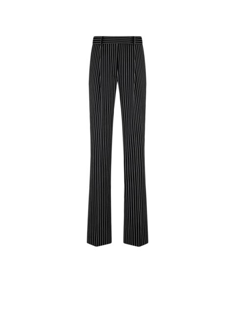 STRIPED WOOL COTTON BARATHEA RELAXED PLEATED STRAIGHT PANTS