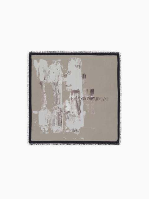 EMPORIO ARMANI Printed silk foulard with fringed edges