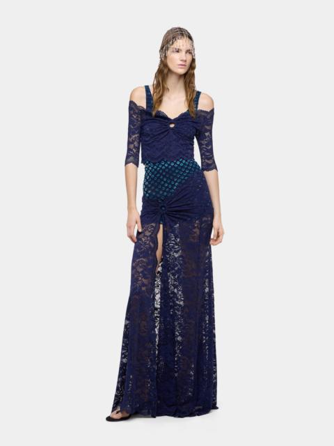 rabanne SHORT-SLEEVE NAVY BLUE TROMPE-L'ŒIL LACE TOP
