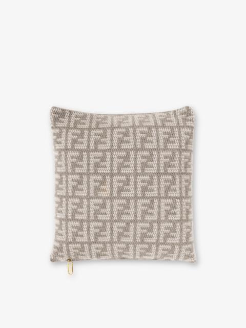 FENDI Two-tone soft cashmere square cushion with FF motif in natural tones of dove gray and white. Intent 