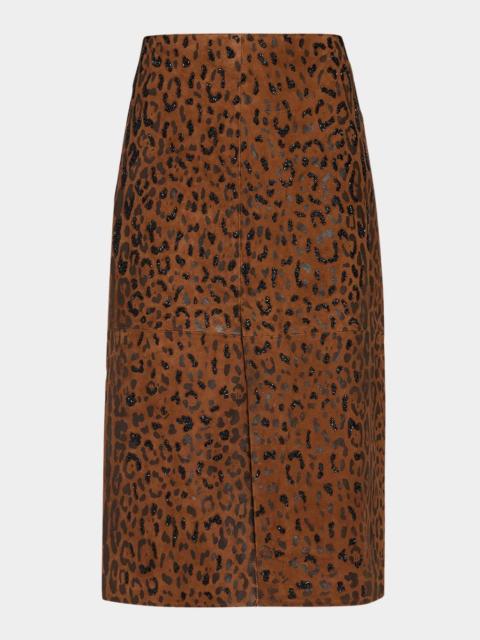 KOBI HALPERIN Melissa Beaded Leopard Suede Midi Skirt
