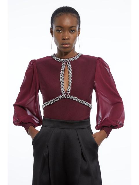 KAREN MILLEN Bandage Embellished And Chiffon Sleeve Figure Form Knit Top