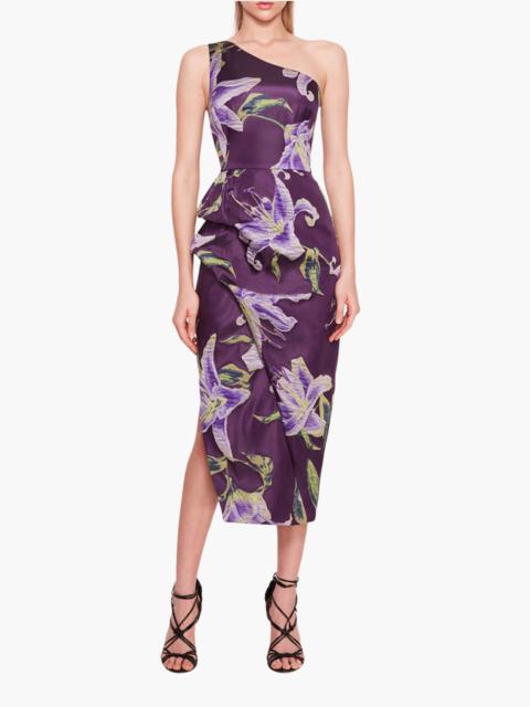 Marchesa ONE SHOULDER DRAPE MIDI DRESS