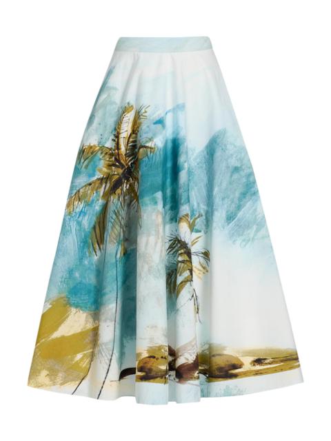 Oscar de la Renta Women's Beach Print Cotton Poplin Circle Midi-Skirt - Blue Green