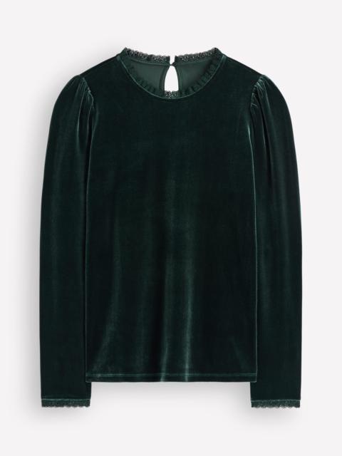 BODEN Lace Trim Velvet Top-Midnight Emerald