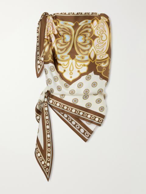 La DoubleJ Asymmetric Knotted Printed Silk-satin Blouse
