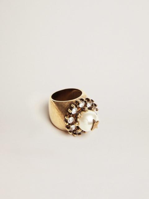 Golden Goose Women’s ring in old gold color with decorative bead and crystals