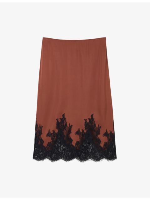 WHISTLES Lace-Hem Satin Midi Skirt